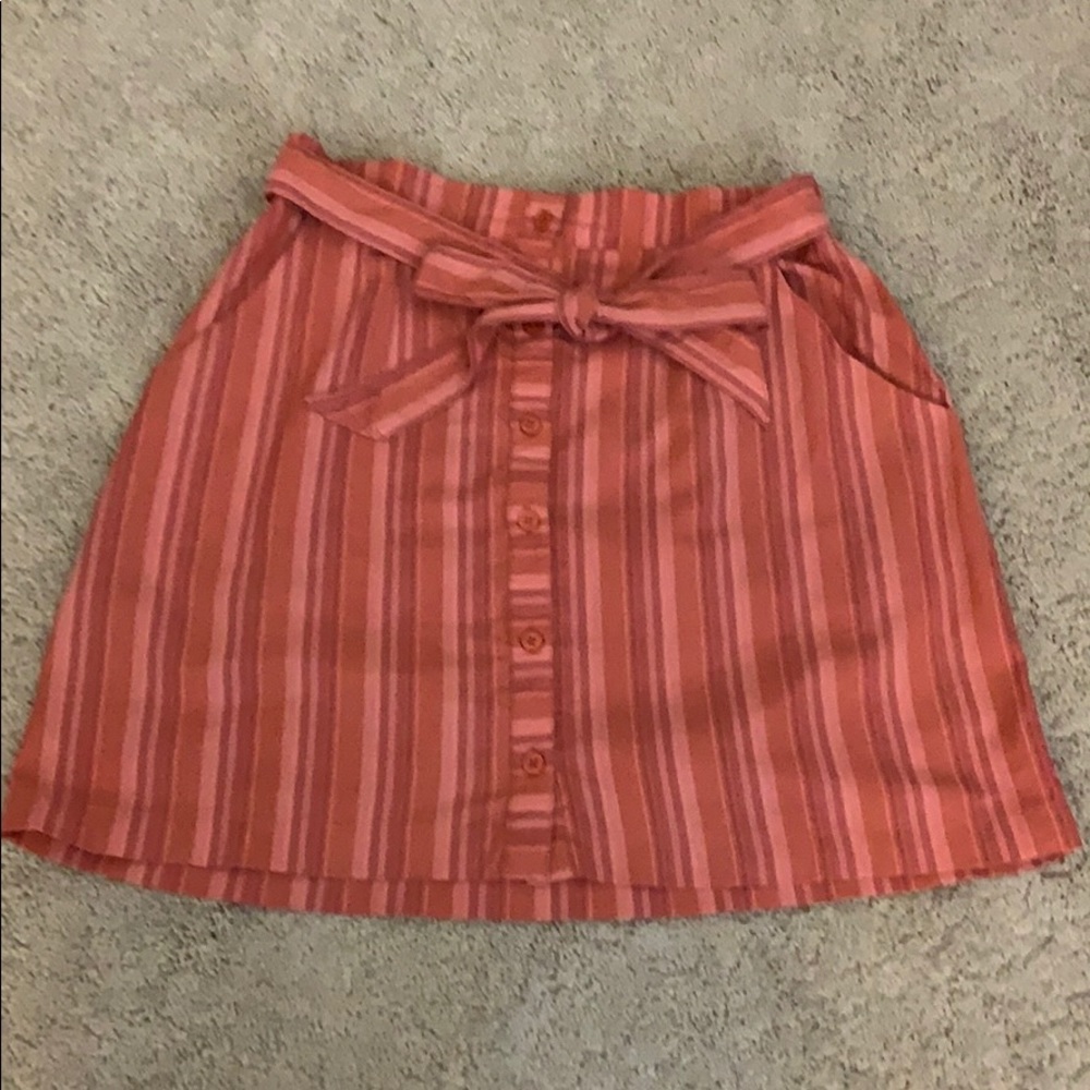 red and pink button front striped skirt